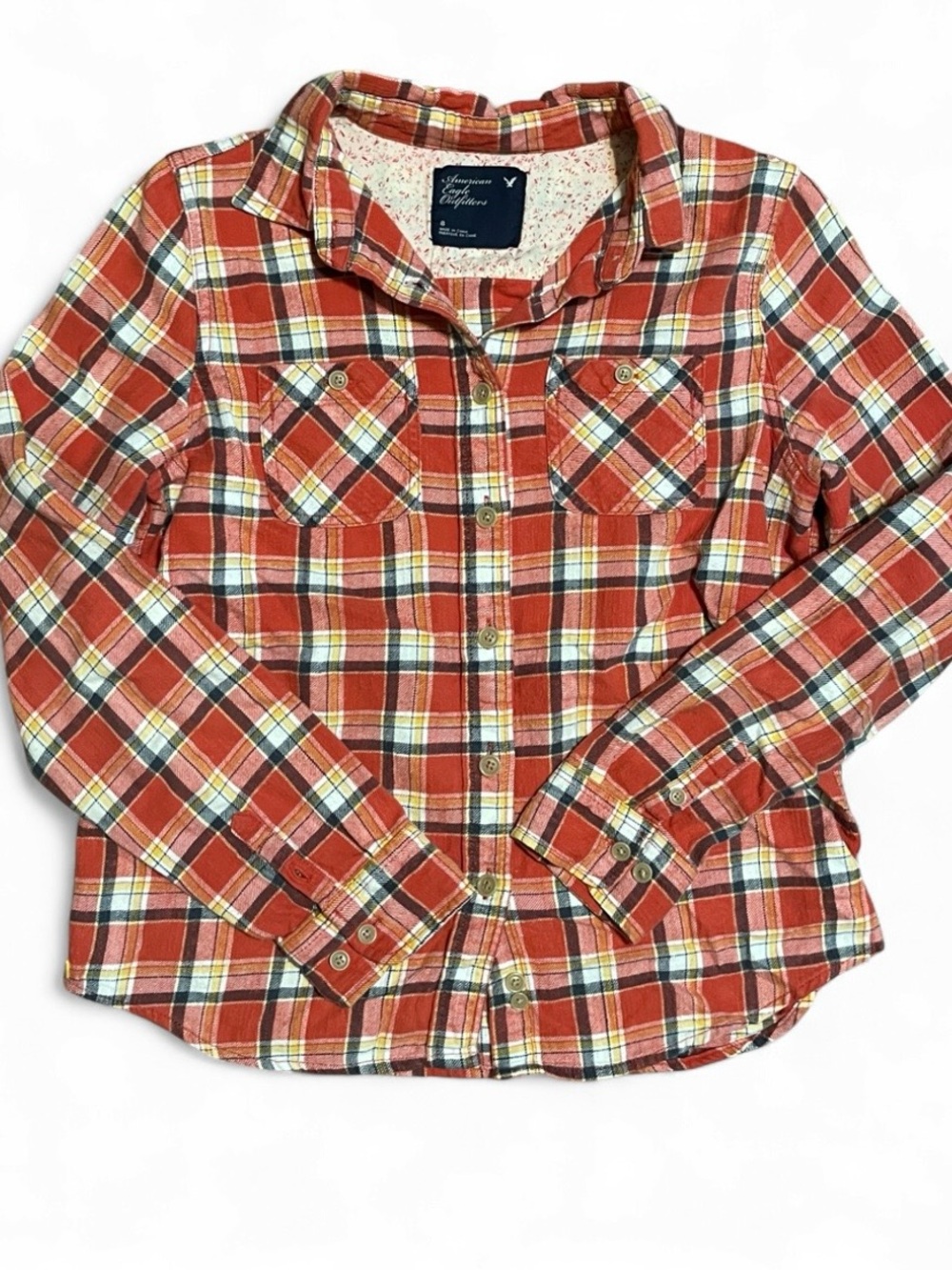 American Eagle Outfitters Orange Plaid Button-Down Shirt